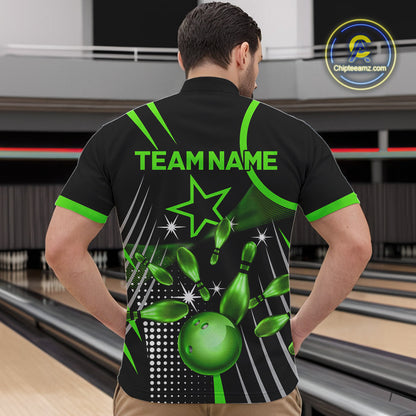 Black and Green Mens Bowling Polo, Quarter Zip Shirts Custom Bowling outfit men Team Jerseys NQS9957
