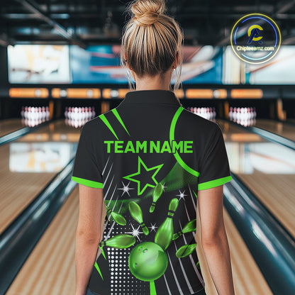 Black and Green Women Bowling Polo, Quarter Zip Shirts Custom Bowling outfit ladies Team Jerseys NQS9957