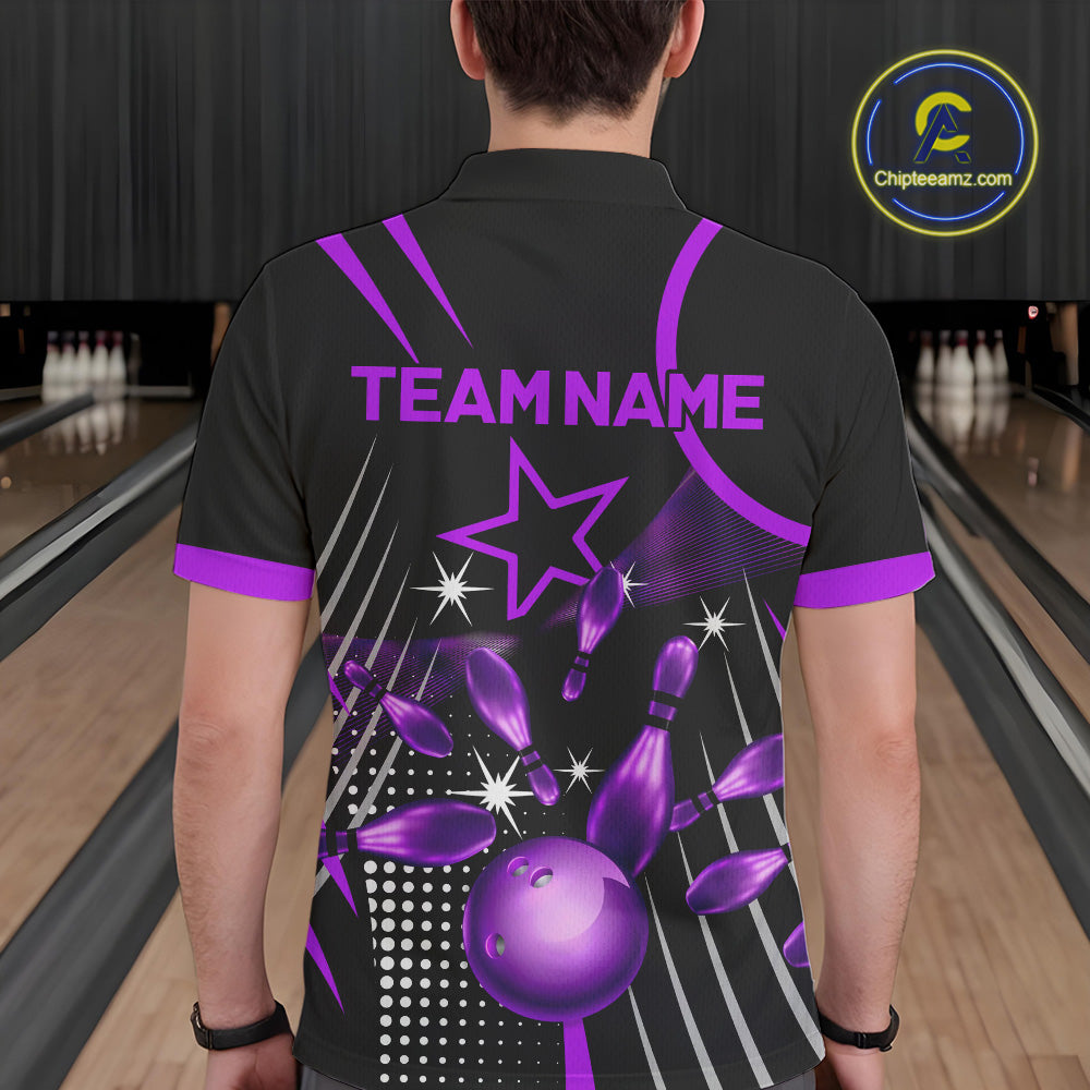 Black and Purple Mens Bowling Polo, Quarter Zip Shirts Custom Bowling outfit men Team Jerseys NQS9958