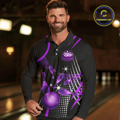 Black and Purple Mens Bowling Polo, Quarter Zip Shirts Custom Bowling outfit men Team Jerseys NQS9958
