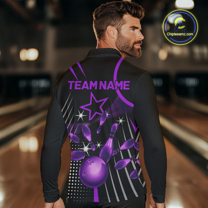 Black and Purple Mens Bowling Polo, Quarter Zip Shirts Custom Bowling outfit men Team Jerseys NQS9958