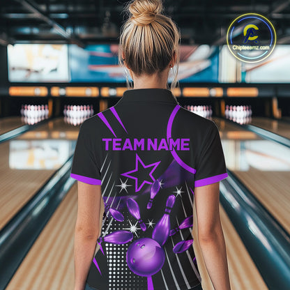 Black and Purple Women Bowling Polo, Quarter Zip Shirts Custom Bowling outfit ladies Team Jerseys NQS9958