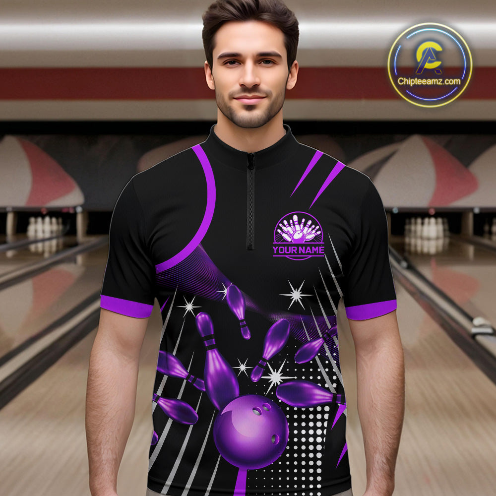 Black and Purple Mens Bowling Polo, Quarter Zip Shirts Custom Bowling outfit men Team Jerseys NQS9958
