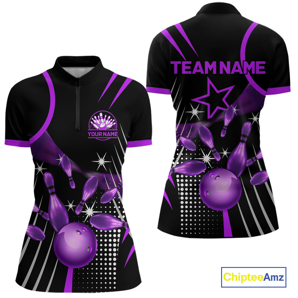 Black and Purple Women Bowling Polo, Quarter Zip Shirts Custom Bowling outfit ladies Team Jerseys NQS9958