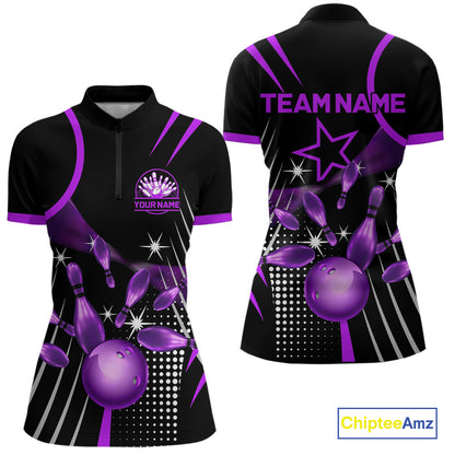 Black and Purple Women Bowling Polo, Quarter Zip Shirts Custom Bowling outfit ladies Team Jerseys NQS9958