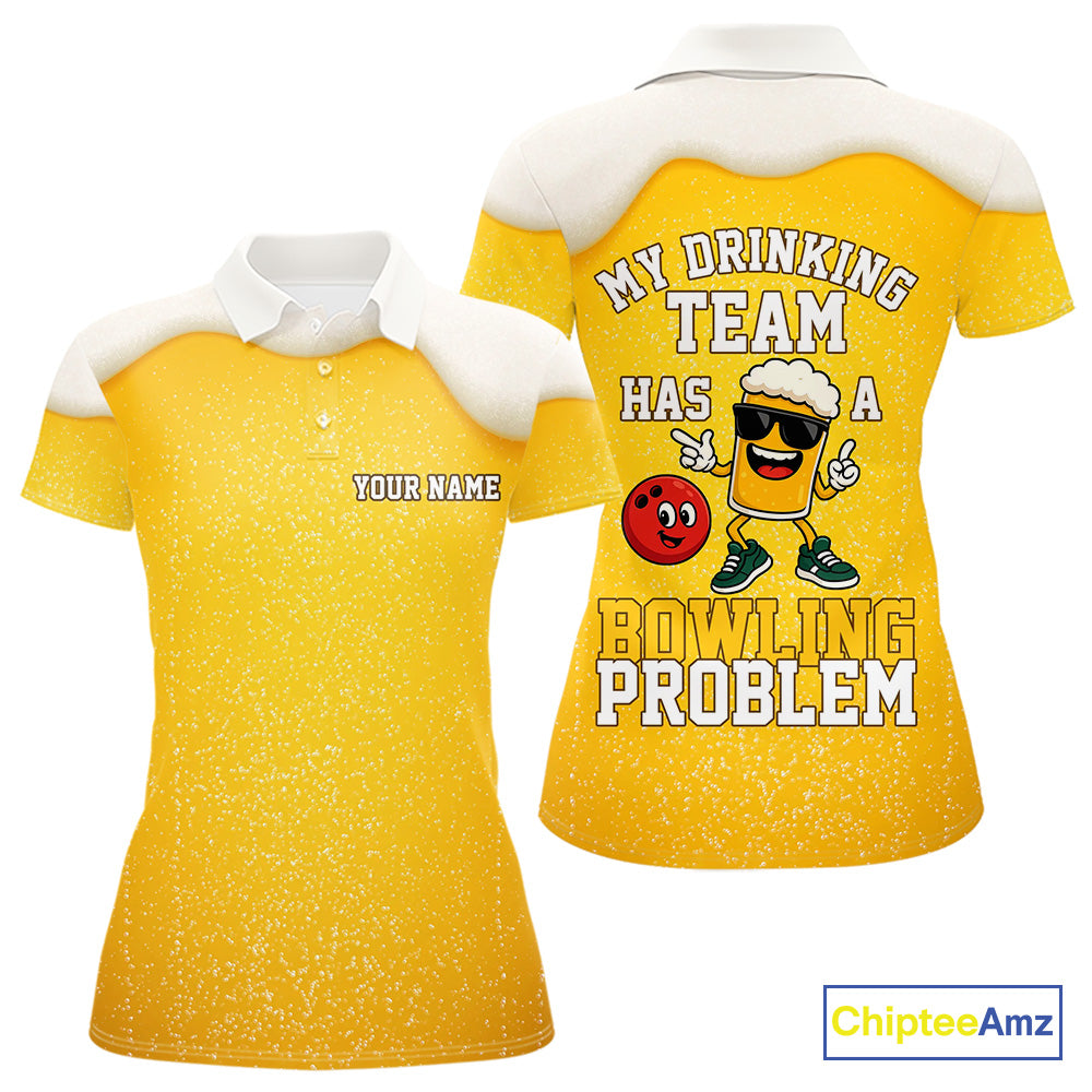 Custom Funny Beer Bowling Polo, Quarter Zip Shirts For Women My drinking team has a bowling problem NQS10638