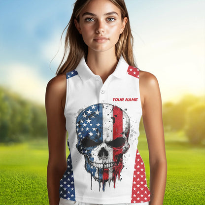 Red, white and blue American Flag Skull Women sleeveless polos custom patriotic golf attire for ladies NQS9375