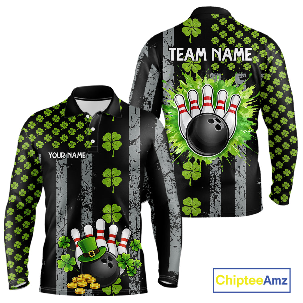 Custom Black Grunge US Flag Green Shamrock St Patrick Bowling polo shirts for men, bowling jersey men NQS11450