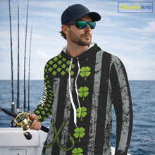 Load image into Gallery viewer, Custom Black Grunge US Flag Green Shamrock St Patrick Largemouth Bass Fishing Shirts, Bass Jerseys NQS11451
