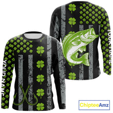 Load image into Gallery viewer, Custom Black Grunge US Flag Green Shamrock St Patrick Largemouth Bass Fishing Shirts, Bass Jerseys NQS11451