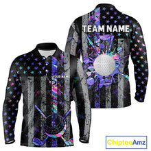 Load image into Gallery viewer, Black American Flag Hologram Mens golf polo shirts Custom patriotic mens golf shirts, best golf gifts NQS11640