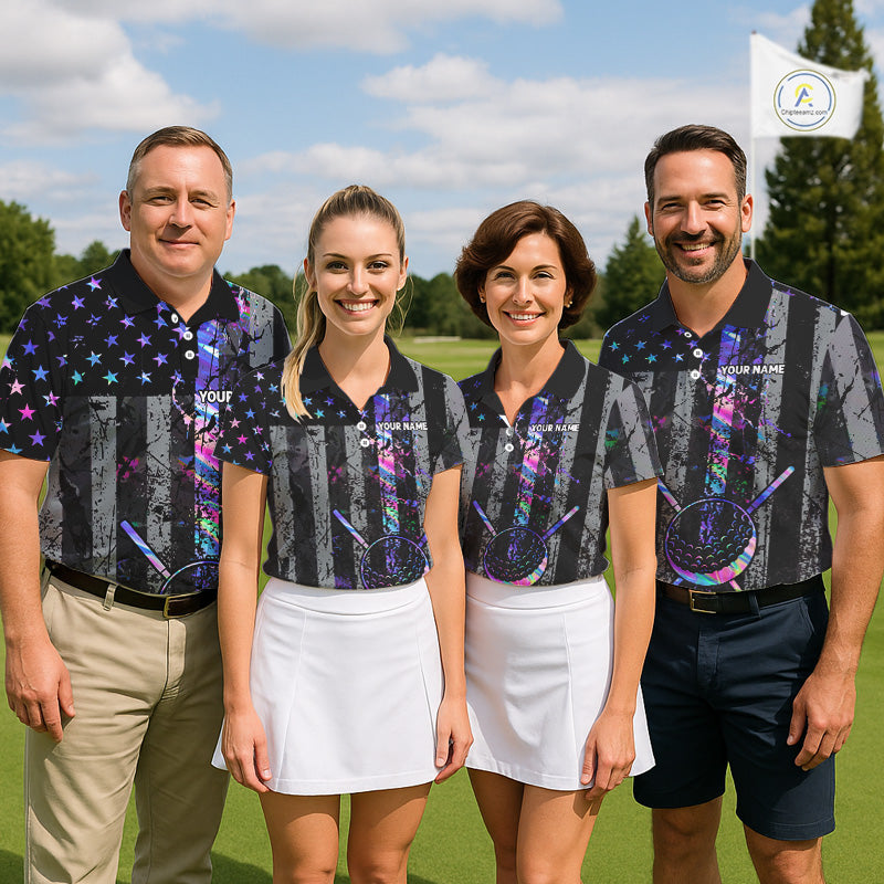 Black American Flag Hologram Womens golf polo shirts Custom patriotic ladies golf tops best golf gift NQS11640