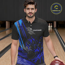 Load image into Gallery viewer, Black and Blue Flame Bowling Polo, Quarter Zip Shirts For Men Custom Bowling Outfit Team Jerseys NQS9962