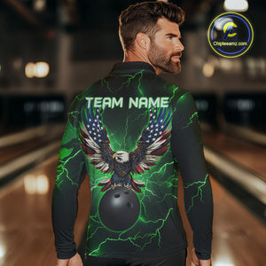 Green lightning thunder bowling American flag Eagle custom Mens Bowling Polo, Quarter Zip Shirts NQS10111