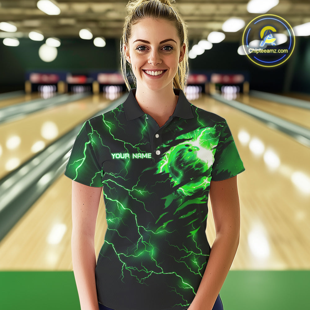 Green lightning thunder bowling American flag Eagle custom Women Bowling Polo, Quarter Zip Shirts NQS10111