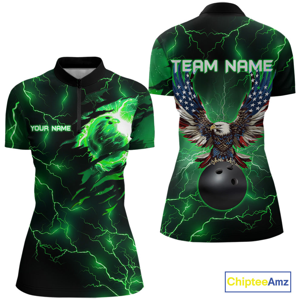 Green lightning thunder bowling American flag Eagle custom Women Bowling Polo, Quarter Zip Shirts NQS10111