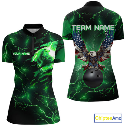 Green lightning thunder bowling American flag Eagle custom Women Bowling Polo, Quarter Zip Shirts NQS10111