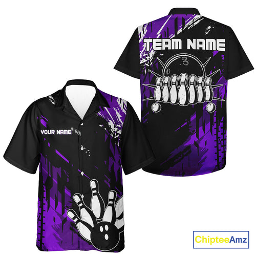Black and Purple Bowling Hawaiian Shirt Custom retro bowling ball & pins bowling team button-up shirt NQS10642