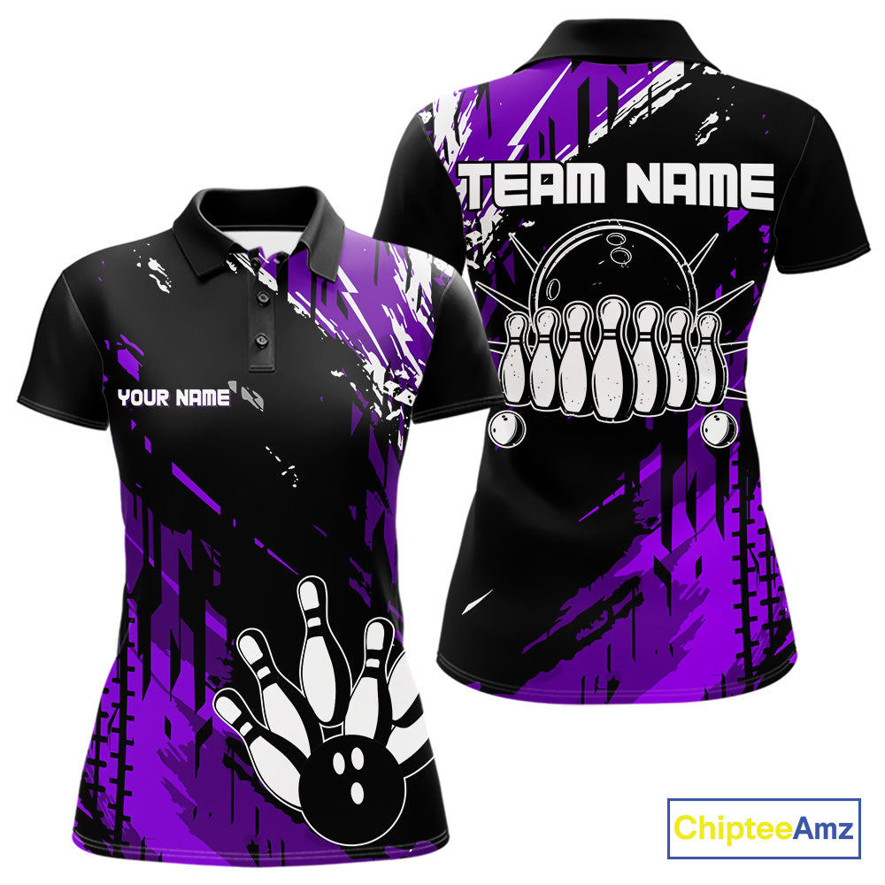 Black and Purple Women bowling shirts Custom retro bowling ball and pins bowling team league jerseys NQS10642