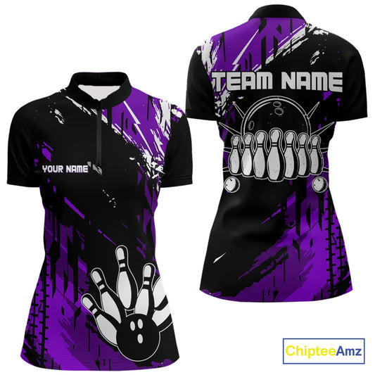 Black and Purple Women bowling shirts Custom retro bowling ball and pins bowling team league jerseys NQS10642