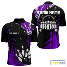 Load image into Gallery viewer, Black and Purple Mens bowling shirts Custom retro bowling ball and pins bowling team league jerseys NQS10642
