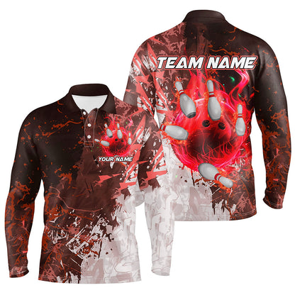 Red Camo Flame Bowling Polo, Quarter Zip Shirts For Men Custom Bowling Team Jersey Outfits NQS8703