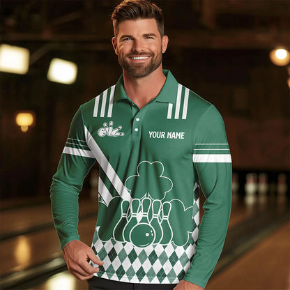 Green and White argyle pattern shamrock St Patrick's Day Men bowling shirts Custom Bowling Team Jersey NQS9383