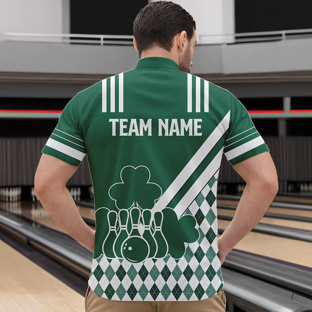 Green and White argyle pattern shamrock St Patrick's Day Men bowling shirts Custom Bowling Team Jersey NQS9383