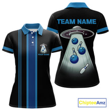 Load image into Gallery viewer, Black and Blue ufo alien Retro Bowling Polo, Quarter Zip Shirts for Women Custom Bowling Team Jersey NQS11462