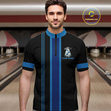 Load image into Gallery viewer, Black and Blue ufo alien Retro Bowling Polo, Quarter Zip Shirts for men Custom Bowling Team Jersey NQS11462
