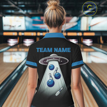 Load image into Gallery viewer, Black and Blue ufo alien Retro Bowling Polo, Quarter Zip Shirts for Women Custom Bowling Team Jersey NQS11462