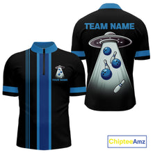 Load image into Gallery viewer, Black and Blue ufo alien Retro Bowling Polo, Quarter Zip Shirts for men Custom Bowling Team Jersey NQS11462