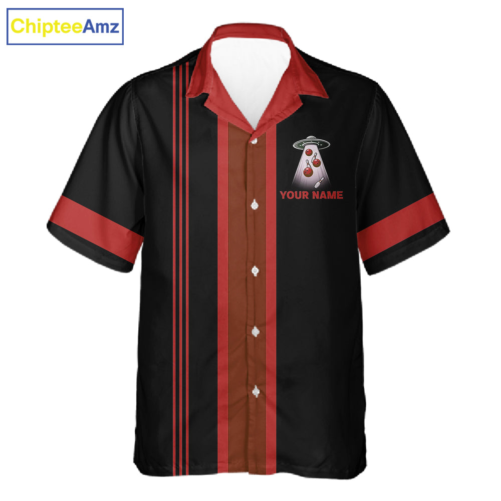 Black and Red ufo alien Retro Bowling Hawaiian shirt Custom Bowling Team button up shirt NQS11463