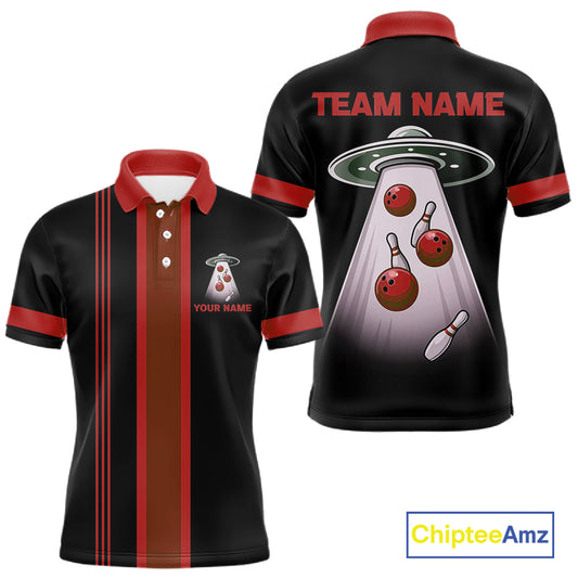 Black and Red ufo alien Retro Bowling Polo, Quarter Zip Shirts for men Custom Bowling Team Jersey NQS11463