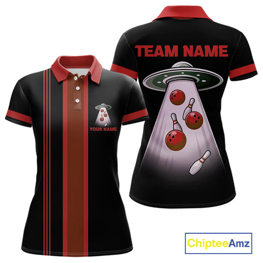 Black and Red ufo alien Retro Bowling Polo, Quarter Zip Shirts for Women Custom Bowling Team Jersey NQS11463