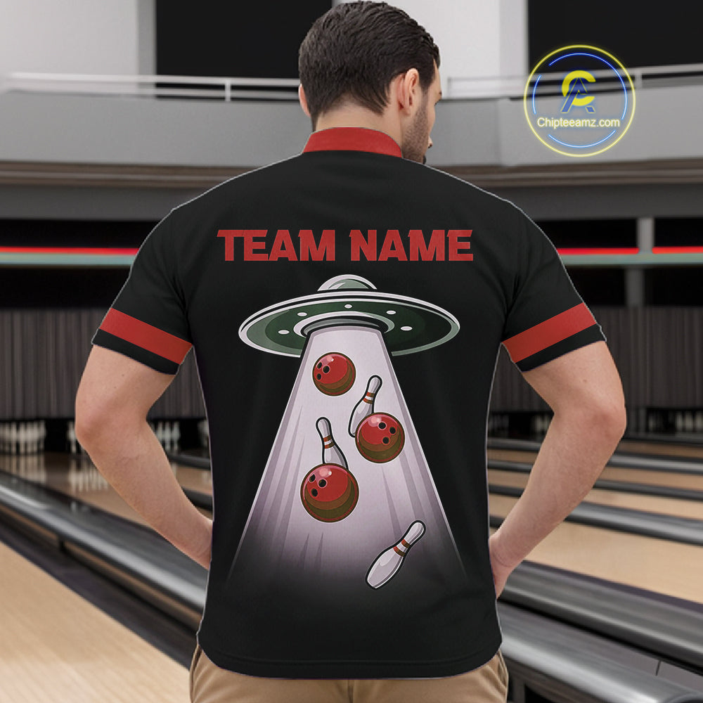 Black and Red ufo alien Retro Bowling Polo, Quarter Zip Shirts for men Custom Bowling Team Jersey NQS11463
