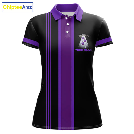 Black and Purple ufo alien Retro Bowling Polo, Quarter Zip Shirt for Women Custom Bowling Team Jersey NQS11464