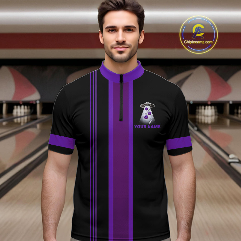 Black and Purple ufo alien Retro Bowling Polo, Quarter Zip Shirts for men Custom Bowling Team Jersey NQS11464