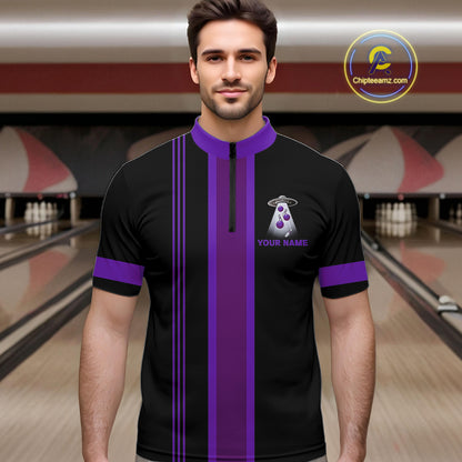 Black and Purple ufo alien Retro Bowling Polo, Quarter Zip Shirts for men Custom Bowling Team Jersey NQS11464