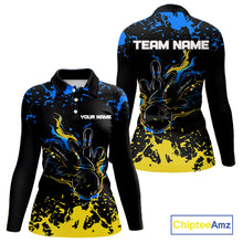 Load image into Gallery viewer, Personalized Black, Blue &amp; Yellow Bowling Shirts For Women, Bowling Balls And Pins Bowling Team Shirt NQS11465