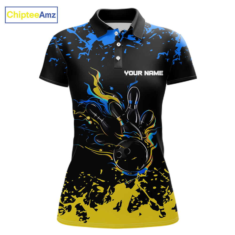 Personalized Black, Blue & Yellow Bowling Shirts For Women, Bowling Balls And Pins Bowling Team Shirt NQS11465