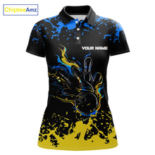 Load image into Gallery viewer, Personalized Black, Blue &amp; Yellow Bowling Shirts For Women, Bowling Balls And Pins Bowling Team Shirt NQS11465