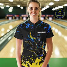 Load image into Gallery viewer, Personalized Black, Blue &amp; Yellow Bowling Shirts For Women, Bowling Balls And Pins Bowling Team Shirt NQS11465