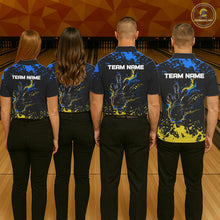 Load image into Gallery viewer, Personalized Black, Blue &amp; Yellow Bowling Shirts For Women, Bowling Balls And Pins Bowling Team Shirt NQS11465