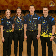 Load image into Gallery viewer, Personalized Black, Blue &amp; Yellow Bowling Shirts For Women, Bowling Balls And Pins Bowling Team Shirt NQS11465