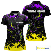 Load image into Gallery viewer, Personalized Black, Purple &amp; Yellow Bowling Shirts For Women, Bowling Balls &amp; Pins Bowling Team Shirt NQS11466