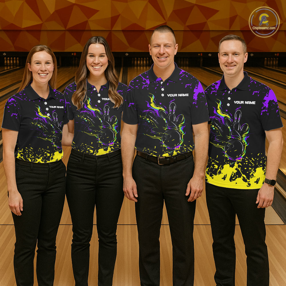 Personalized Black, Purple & Yellow Bowling Shirts For Women, Bowling Balls & Pins Bowling Team Shirt NQS11466