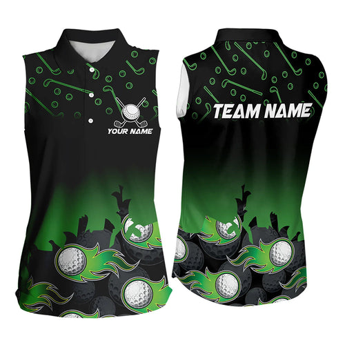 Black and Green Flame golf ball pattern Women sleeveless polo shirt Custom team golf attire for women NQS9524