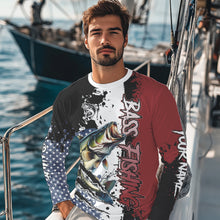 Load image into Gallery viewer, Red, white and blue Largemouth Bass fishing American Flag Custom patriotic Bass fishing shirts NQS9530