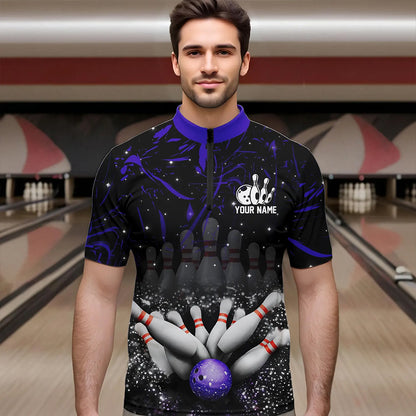 Personalized Black and Purple Camo Bowling Polo, Quarter Zip Shirts For Men Custom Bowling Team Jersey NQS9687
